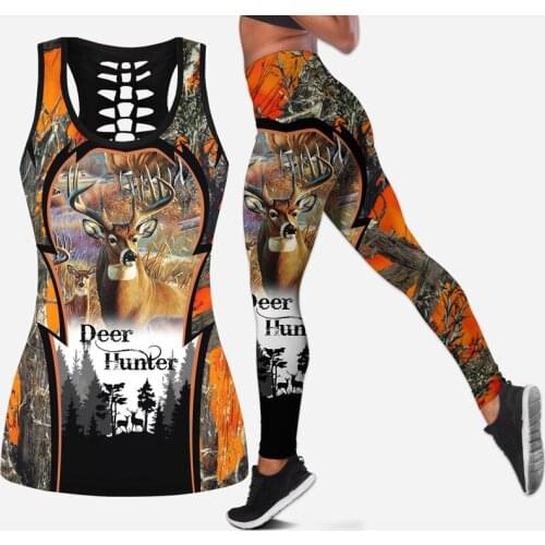 Fashion Animal Deer Hunting Women Hollow Tanktop & Legging 3D Print Leisure Hipster Streetwear Female Sexy Vest Clothes S-54