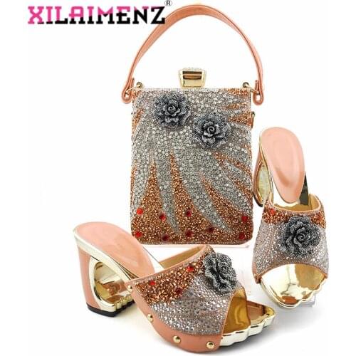 Leisure Style Fashion Rhinestone Woman Shoes And Matching Bag Set Peach Color Pumps Shoes And Bag Set For Party Wedding