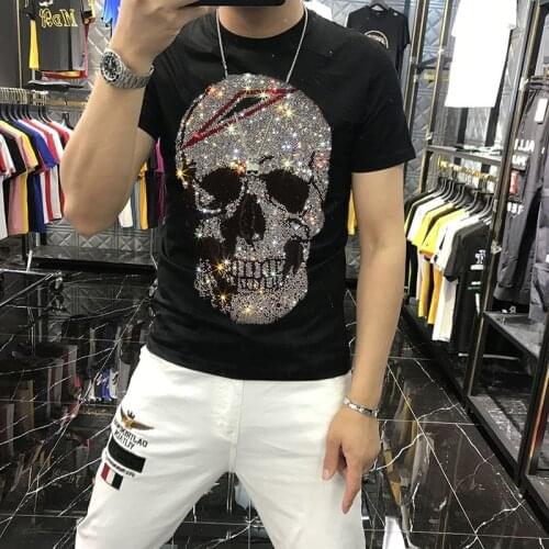 Hot Rhinestone Skull Mens T-Shirt Trend Slim Handsome Mercerized Cotton Large Size Summer Casual SportsShirt Top