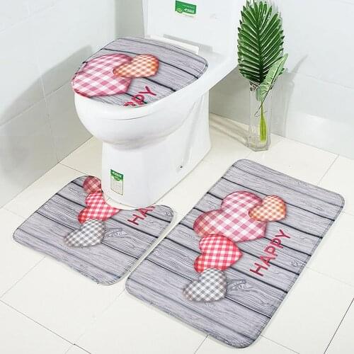 3pcs Bathroom Rug Set Non Slip Love Heart Print Bath Contour Mat U Shaped Toilet Rug Toilet Lid Cover Set Shower Accessories
