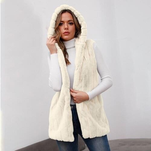 Waist Tight Hooded Vest Coat Faux Fur Pockets Long Warm Vest Overcoat Outerwear Womens Coat Winter/Autumn 2021