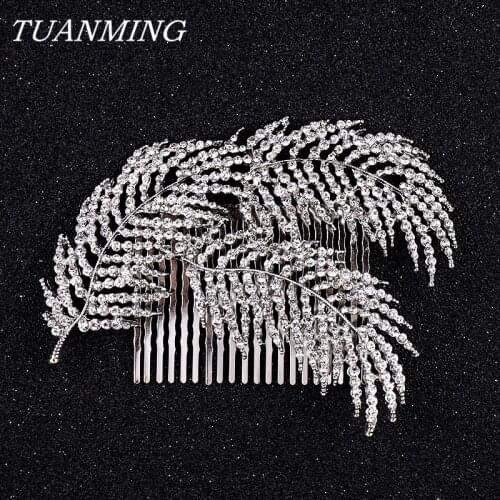 Silver Color Crystal Feather Hair Combs Women Accessories Rhinestone Wedding Hair Comb Bridal Hair Jewelry Headbands