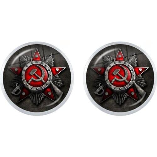 CCCP USSR Soviet Army Red Star Stud Earrings 12mm Glass Cabochon Art Round Russian Badges LOGO Jewelry For Women Girls Gift