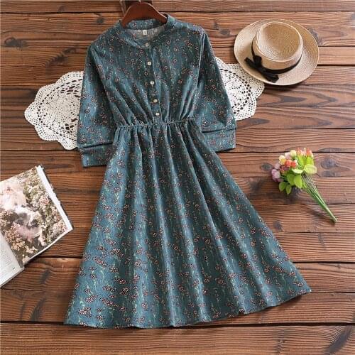 Spring autumn elegant mori girl sweet vestidos new design long sleeve women floral corduroy midi dress
