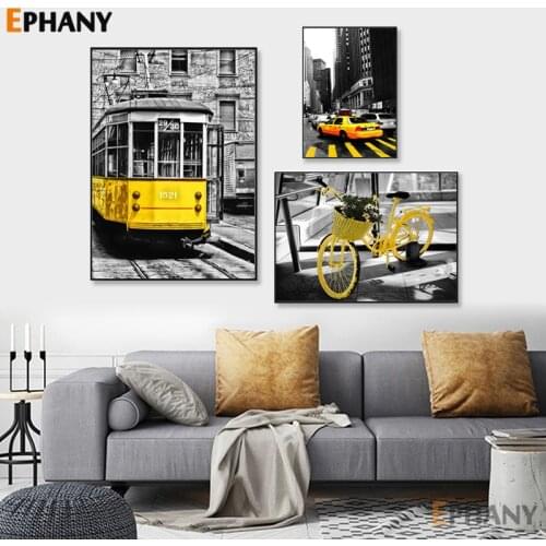 Modern City Landscape Canvas Poster Nordic Yellow Bus Bike Taxi Wall Art Print Painting Decoration Picture Home Decor Drop Ship