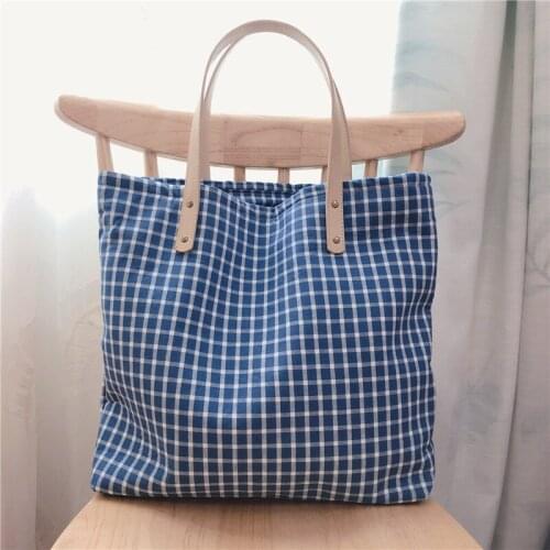 Leather Handle Thickened Large Capacity Plaid Korean Cotton Shoulder Bag for Women 2021 New Retro Totes Bags Female Big Handbags