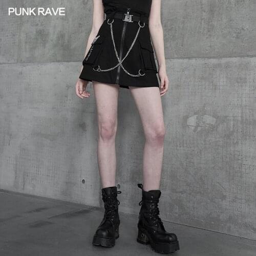 PUNK RAVE Womens Punk Handsome Function Heavy Industry Chain Short Skirt Personality Cool A-line Club Streetwear Skirts