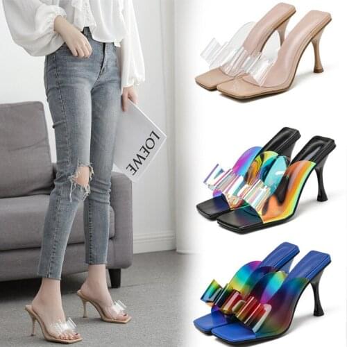 2021 Summer Fashion Shallow Mouth Bow Square Head Womens Sandals Color Matching Thin High Heel Womens Shoes 35-41