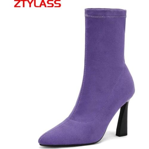 2021 Spring Autumn Stretch Boots Faux Suede Women Short Boots Sexy High Heel Ankle Boots Slip On Pointed Toe Woman Boots Shoes