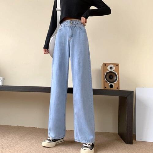 Women High Waist Light Blue Denim Pants Long Straight Wide Jeans Pockets Buttons Loose Denim Pants Long Jeans Wide Leg Trousers