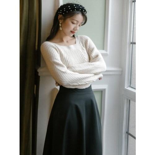 New Winter Elegant Lady Outfits Fall Women Long Sleeve Two Piece Set Vintage White Sweater + Black Bandage Maxi Long Skirt Suit