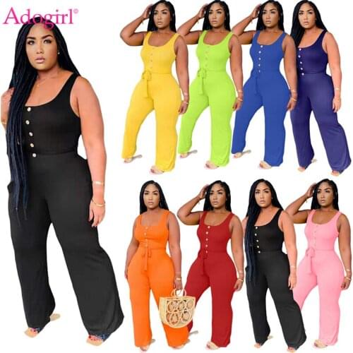 Adogirl S-4XL Plus Size Women Solid Loose Tank Jumpsuit with Belt Button Sleeveless Fashion Casual Romper Wide Leg Pants Overall