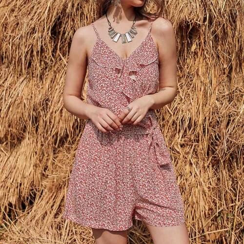 Floral Print Spaghetti Strap Sleeveless Women Jumpsuit Female Summer V-Neck Casual Playsuits New Sweet Lady Belt Beach Rompers
