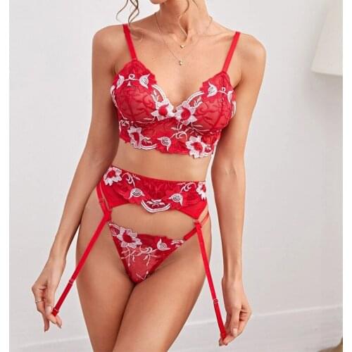 Women Lingerie Lace Bra and G-String See-through Sexy Embroidery Underwear Fetish Bondage Corset Nightwear Bra 3PCS Sets