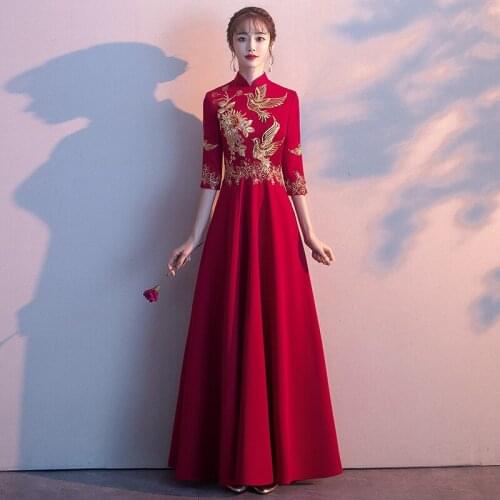 Plus Size Slim Long Bride Wedding Dress Elegant Cheongsam Embroidery Evening Party Dress Mandarin Collar Chinese Dress 3XL 4XL