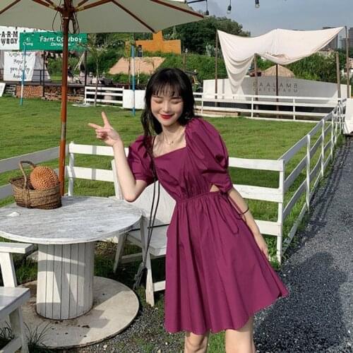 French Collar Careful Machine Lace-up Hollow Waist Hugging Slimming Puff Sleeve Dress Female Summer gothic dresses lolita dress