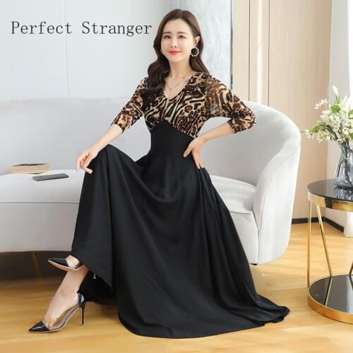 2020 Autumn New Arrival Hot Sale V Collar Leopard Long Sleeve Women Chiffon Long Dress M-4XL