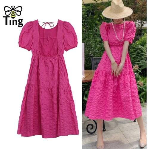 Tingfly Vintage Elegant Puff Short Sleeve Women Boho Fashion Midi Dresses Sexy Open Back Fuchsia Color A Line Dress Robes Zaful