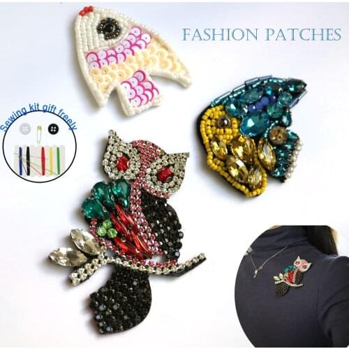 1pc owl fish beaded appliques patches for clothing DIY Sew on rhinestone patches Embroidery applique parches bordados para ropa