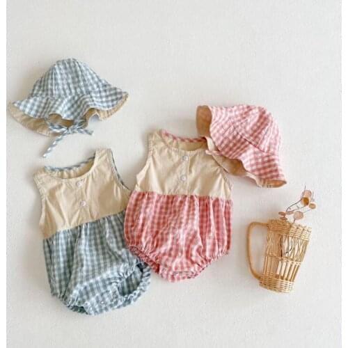 2021 new boys girls plaid patchwork rompers with hat cotton summer babys jumpsuit