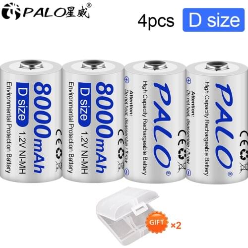 PALO 1.2V 8000mAh D type Rechargeable Battery D Size Batteries NIMH D battery for Toy instruments camera microphone gas cooker