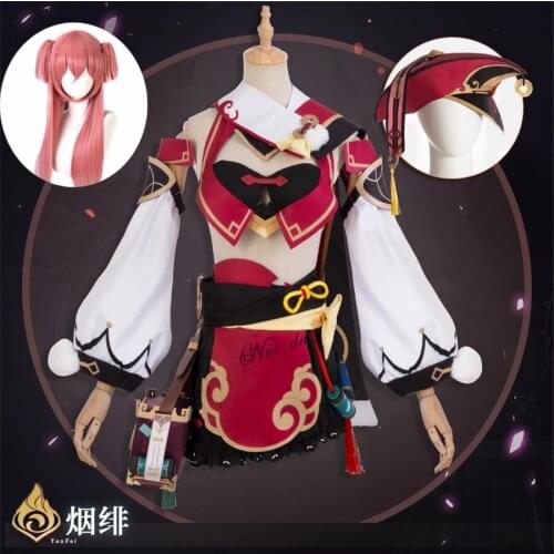 Anime Genshin Impact Yanfei Game Suit Hat Bag Shoes Uniform Yan Fei Cosplay Costume Wig Halloween Party Outfit For Women
