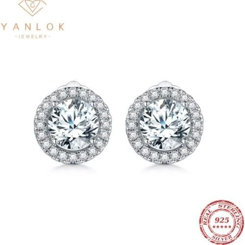 YANLOK Authentic 925 Sterling Silver Dazzling Luxury Stud Earrings With Clear CZ Wedding Engagement Statement Fine Jewelry