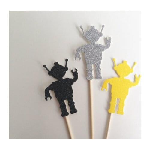 Glitter Robot boy or girl birthday party baptism Cupcake Toppers Party Decorations wedding toothpicks