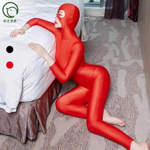 Plus Size Oil Glossy Masked Full Coat Zentai One-piece Tights Cosplay Bodystocking Sexy Hot Erotic Zipper Open Crotch Bodysuit