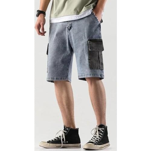 2021 Streetwear Men Denim Shorts Elastic Waist Breeches Male Big Pocket Casual Half Jean Summer Fashion Cargo Shorts Men