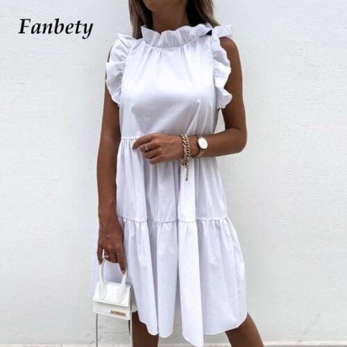 Women Elegant Solid Loose Doll Dress 2021 Summer Fashion O-Neck Ruffle Sleeve Party Dress Ladies Casual Loose A-Line Beach Dress