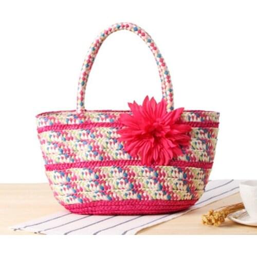 Ethnic wind handkerchief colorful striped straw bag beautiful simulation flower hand-woven bag holiday vacation beach bag