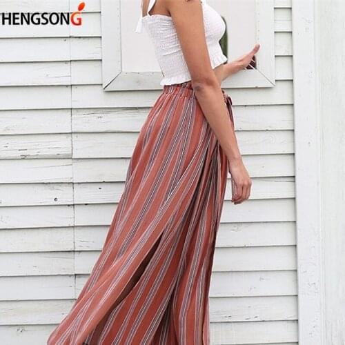 Summer Beach High Waist Trousers High Split Stripe Wide Leg Pants Women Streetwear Sash Casual Pants Loose Female Beach Cover Up