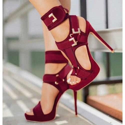 Trendy Platform Sandals Open Toe Cut Out High Heels Shoes Hook-and-Loop Ankle Strap Sexy Stiletto Shoes Buckle Decor Sandals