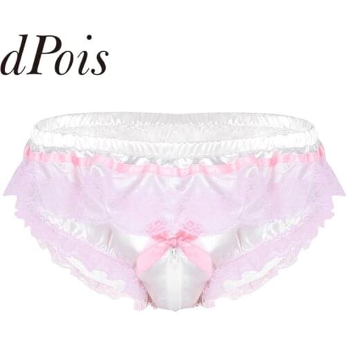 Mens Shiny Soft Satin Ruffled Floral Lace Zipper Crotch High Cut Briefs Underwear Jockstraps Panties