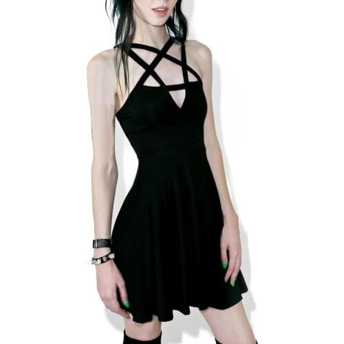 New Sexy Women Five-pointed Star Weave V Neck Sleeveless Backless Gothic Mini Dress