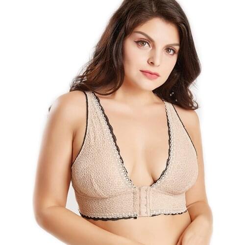 Plus Size Women Bra Sexy Lace Front Button Lingerie Wire Free Period Bras Deep V Soft Comfort Brassiere BH
