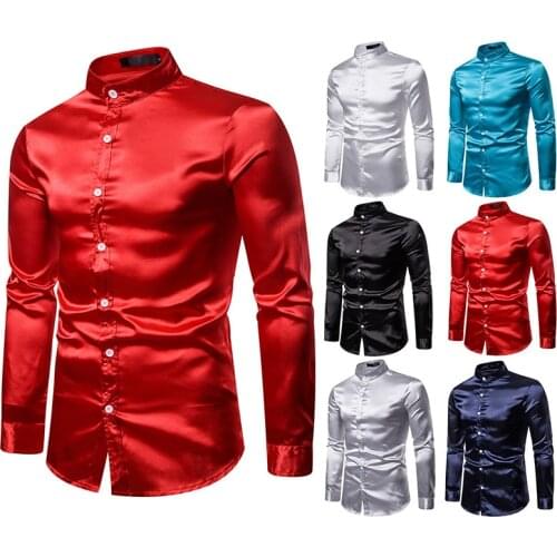 Eurocode Mens High Quality Casual Fashion Glossy Long-sleeved Henry Collar Shirt