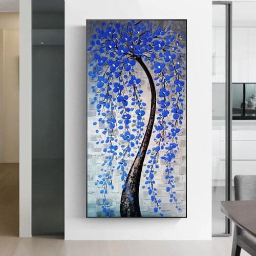 Hand Painted Modern Oil Painting On Canvas Blue Tree Flower Plant Art Posters Wall Picture Canvas Painting for Living Room