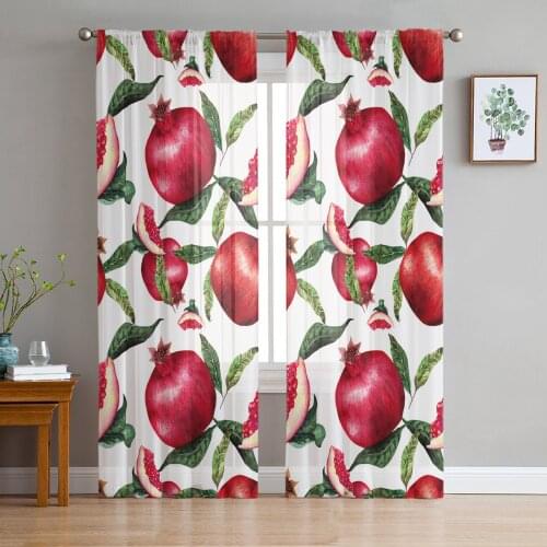 Summer Fruit Red Pomegranate Green Leaf Voile Tulle Sheer Curtains for Bedroom Living Room Kitchen Decor Chiffon Windows Curtain
