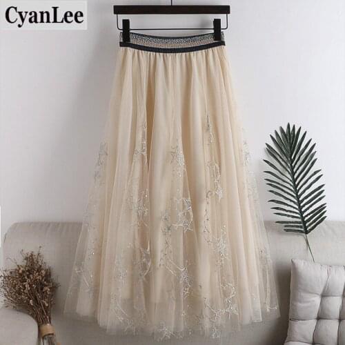Cyanlee women sequined embroidery tutu long skirts autumn high waist tulle skirt streetwear A-line ball gown mesh maxi skirts
