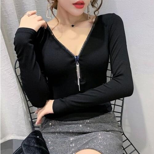 New 2021 White T shirt Women Clothes Diamond Zipper Cotton Korean Female T-Shirt Gray Tops Black Long Sleeve Tee Shirt