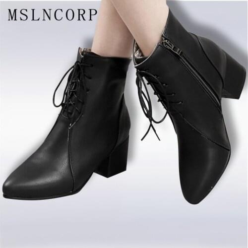 Plus Size 34-45 New Classic Women Ankle Boots Stylish Pointed Toe Square Heels Lace-Up Black Shoes Woman Motorcycle Leather Boot