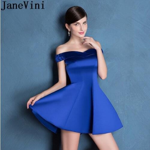 JaneVini Royal Blue Off Shoulder Homecoming Dress Satin A Line Short Mini Ladies Bridesmaid Dresses For Wedding Party Prom Gowns