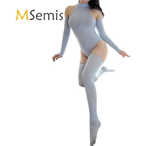 Womens Lingerie Bodysuit with Oversleeve Stocking Sexy Nightwear Mock Neck Sleeveless Clubwear Ladies Stage Performance Outfits
