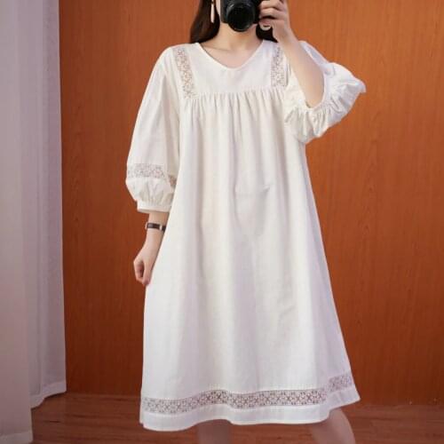 Cotton Linen Patchwork Lace Loose Summer Dress 2021 New Hollow Out Fashion Women Casual Summer Dress Office Lady Work Dress