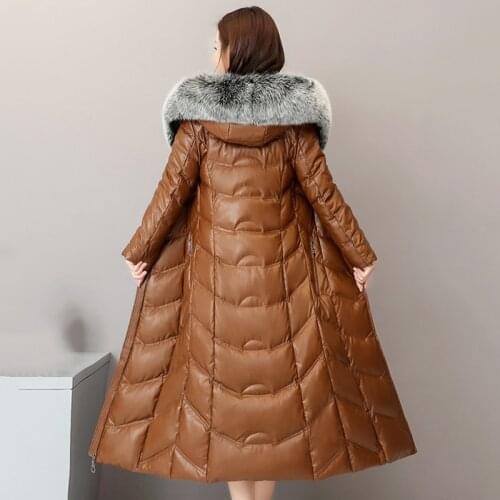 2020Winter Long Parkas Women Natural Fox Fur Collar Down Coat 90%White Duck Down Leather Jacket Female Warm waterproof outerwear
