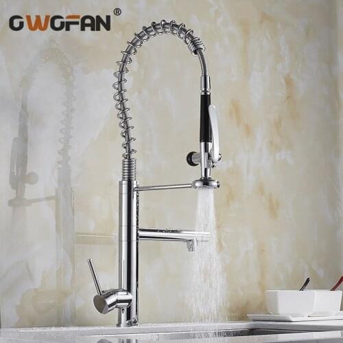 Kitchen Faucets Brush Brass Faucets for Kitchen Sink Single Lever Pull Out Spring Spout Mixers Tap Hot Cold Water Crane N22-157