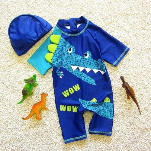 Cartoon Printed 2018 Baby Boy Swimwear One Piece Kids Swimsuit W/Cap Children Beach Bathing Suits Short Sleeve CO