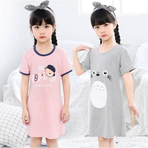 Summer Girls Nightgown Pajamas kids Short sleeved nightdress cute 100% cotton child baby sleeping dress Size 8 10 12 14 Years